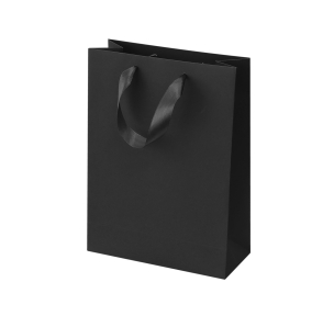 Black paper bags with satin ribbon handles